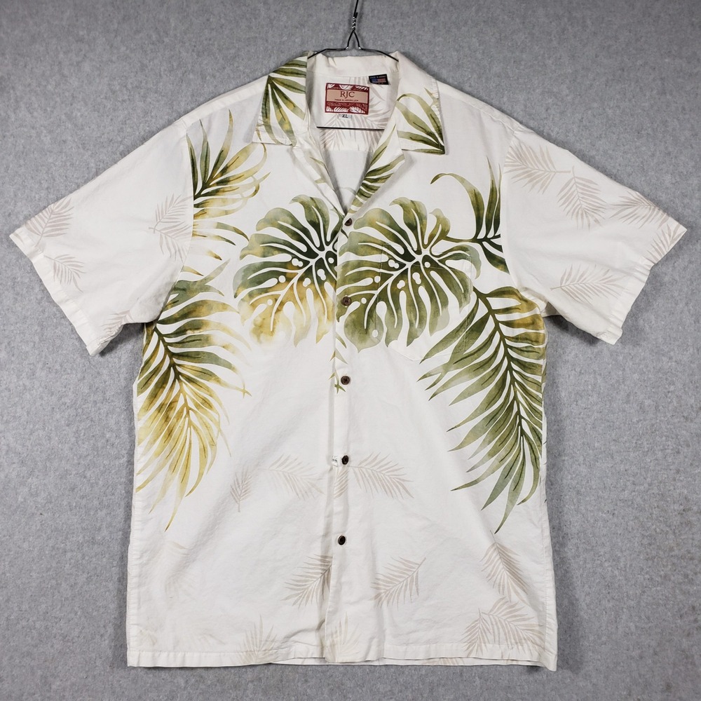 RJC Hawaii Men XL Short Sleeve Button Up Shirt Palm Leaf Aloha Tropical Made USA